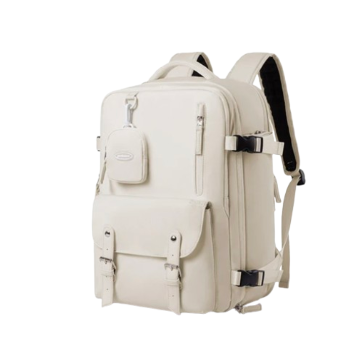 khaki travel backpack personal item with wet dry pocket laptop sleeve usb charger and shoe sleeve