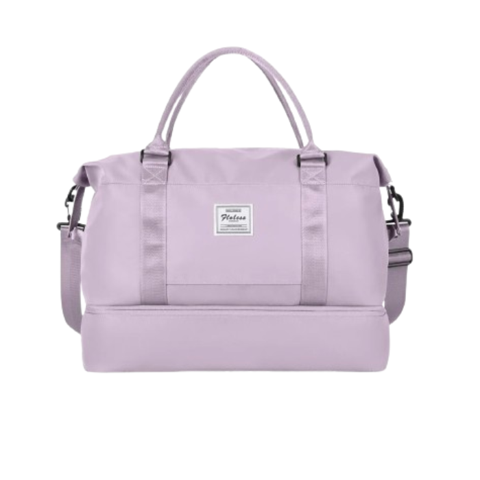 Lavender overnight bag with separate shoe pocket personal item