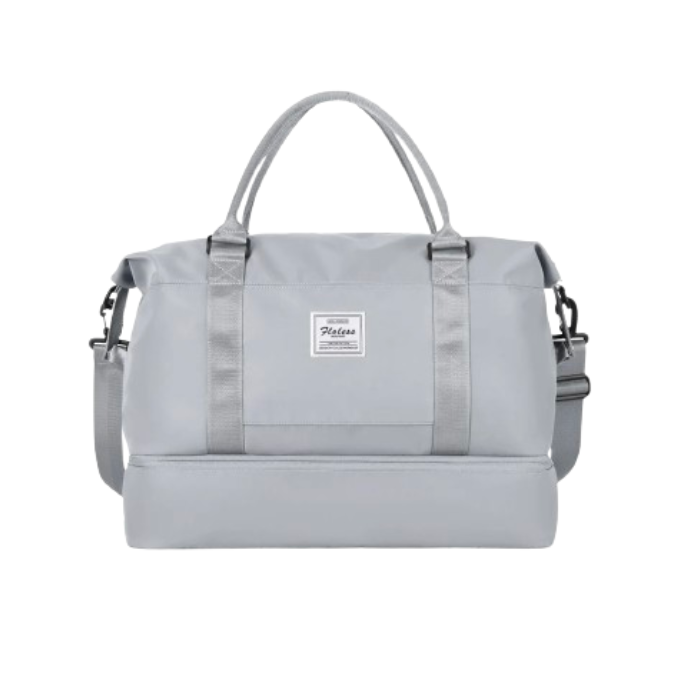 gray overnight bag with separate shoe pocket personal item