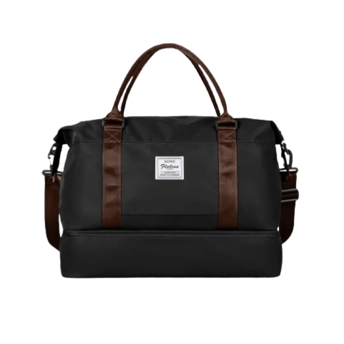 black overnight bag with separate shoe pocket personal item