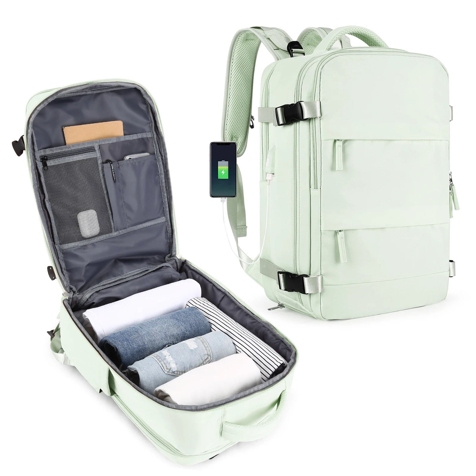 Mint green travel backpack personal item with wet dry pocket laptop sleeve usb charger and shoe sleeve