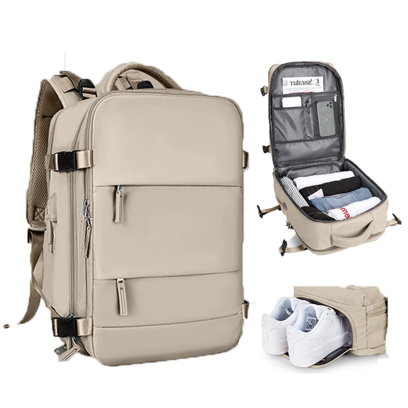 Khaki travel backpack personal item with wet dry pocket laptop sleeve usb charger and shoe sleeve