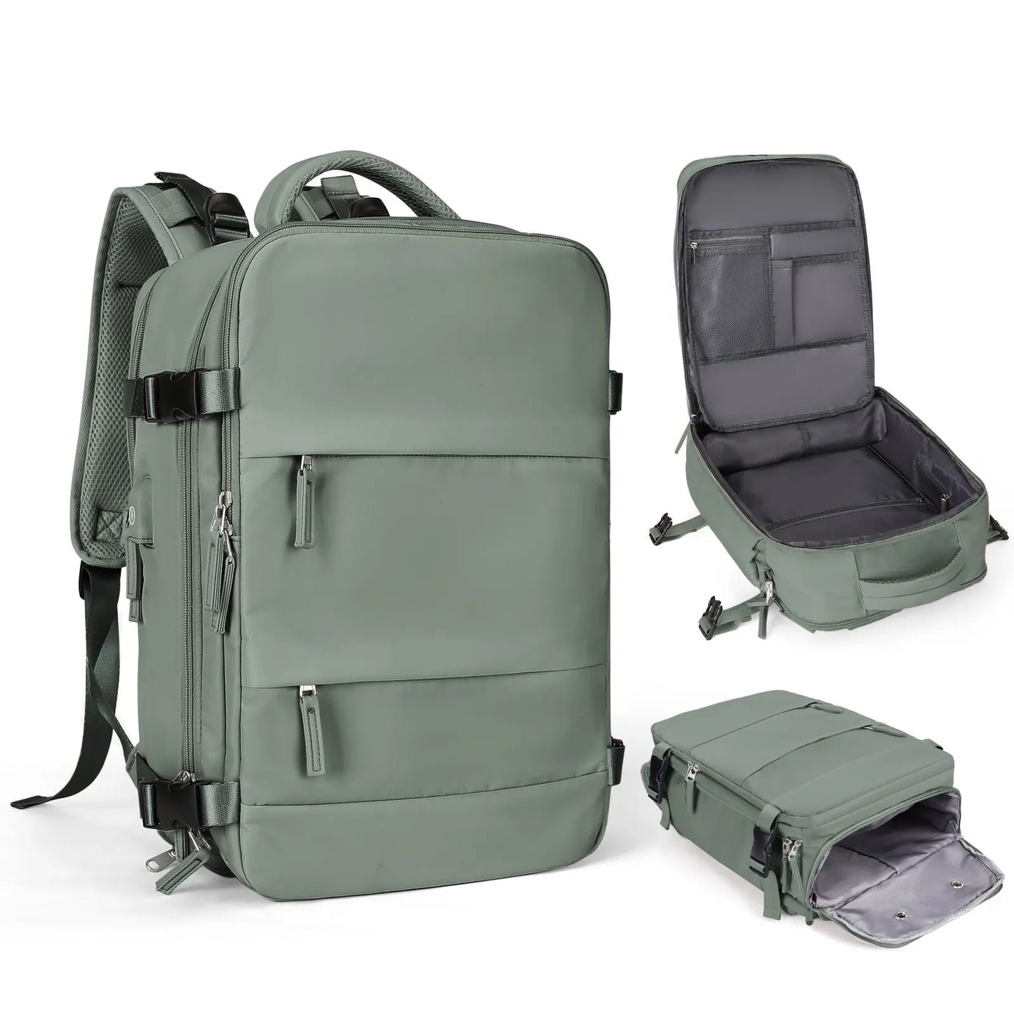 olive/army green travel backpack personal item with wet dry pocket laptop sleeve usb charger and shoe sleeve