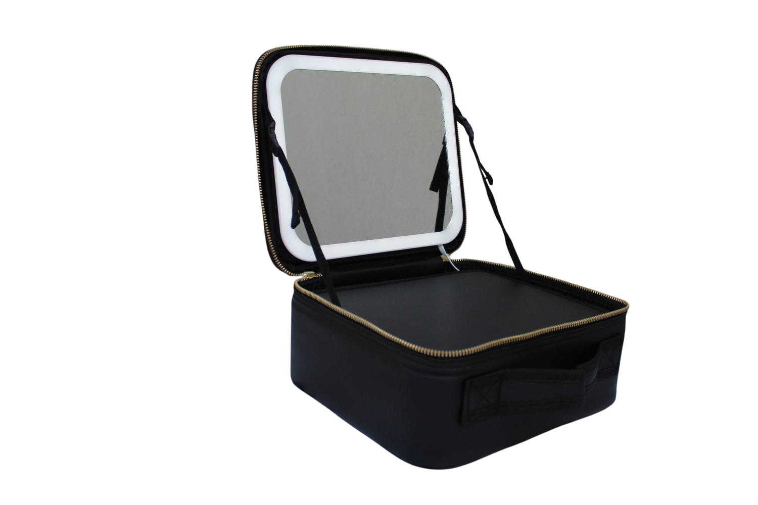 Black LED makeup case with removable customizable sections with mirror 