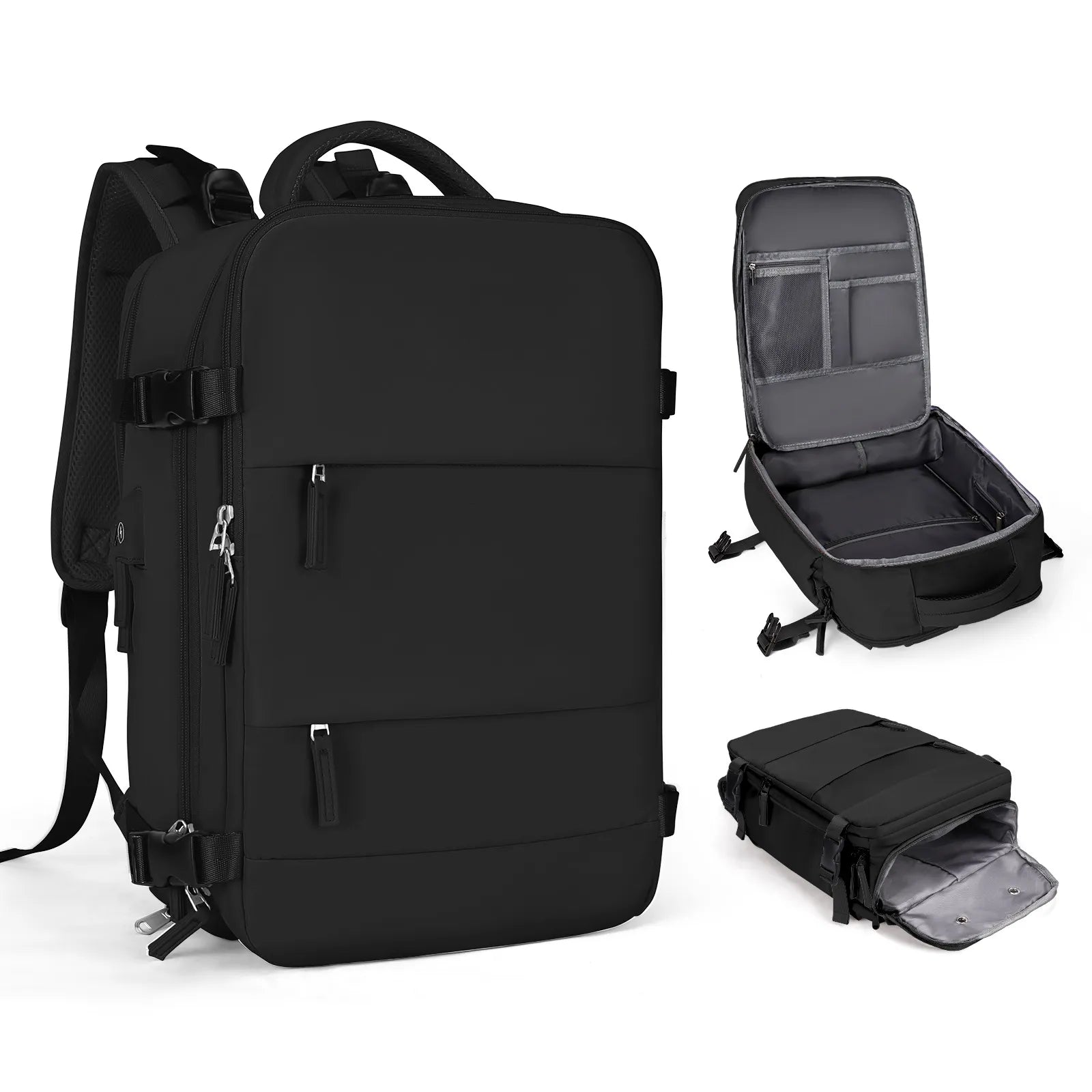 Black travel backpack personal item with wet dry pocket laptop sleeve usb charger and shoe sleeve