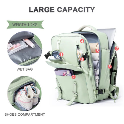 travel backpack personal item with wet dry pocket laptop sleeve usb charger and shoe sleeve