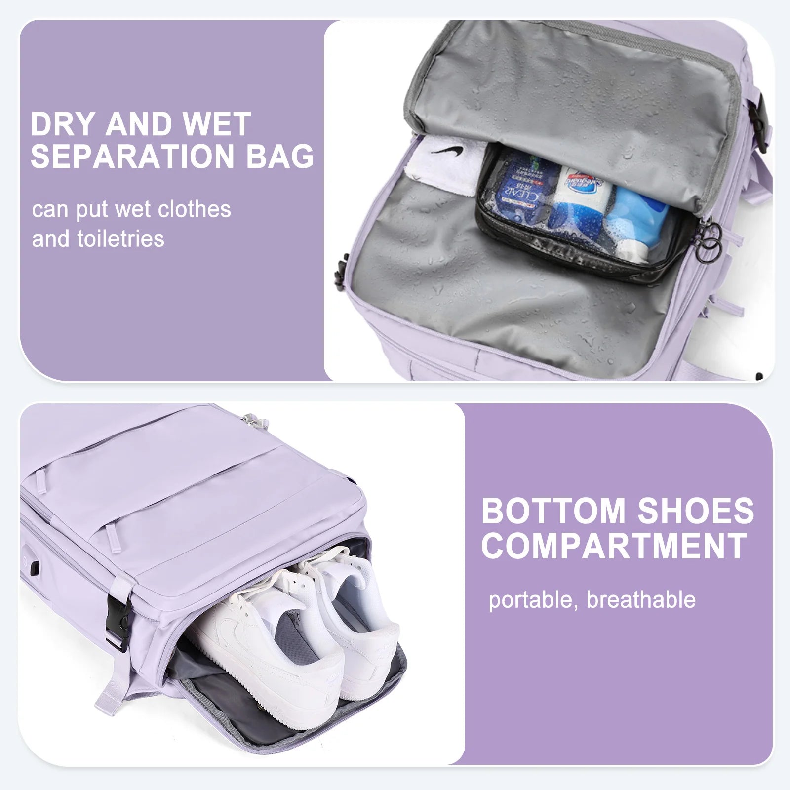travel backpack personal item with wet dry pocket laptop sleeve usb charger and shoe sleeve