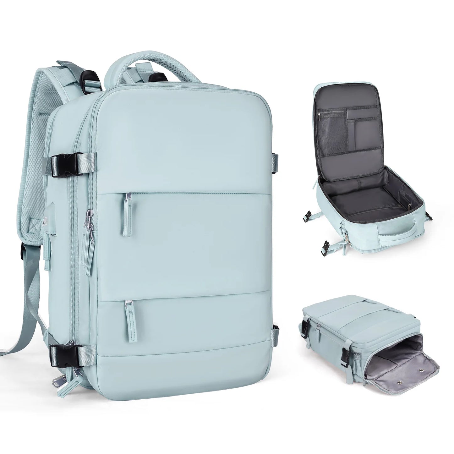Ice Blue travel backpack personal item with wet dry pocket laptop sleeve usb charger and shoe sleeve