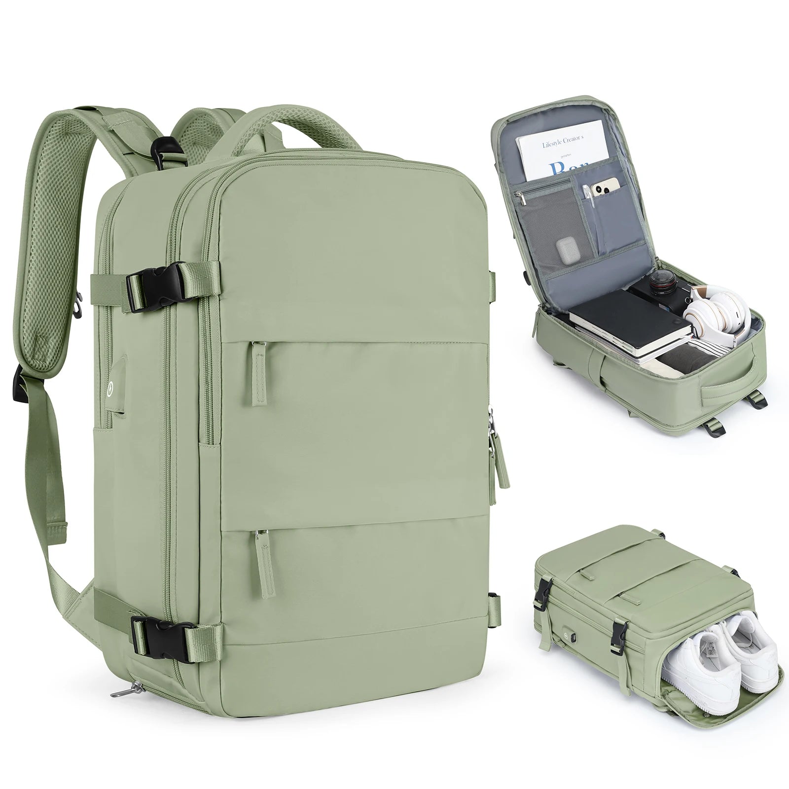 sage green travel backpack personal item with wet dry pocket laptop sleeve usb charger and shoe sleeve