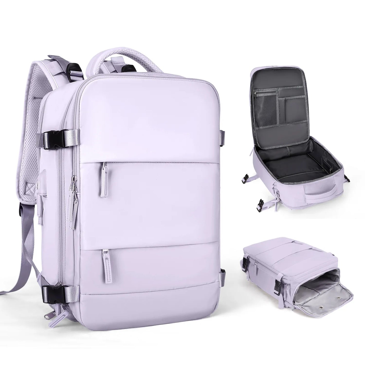 Lavender travel backpack personal item with wet dry pocket laptop sleeve usb charger and shoe sleeve
