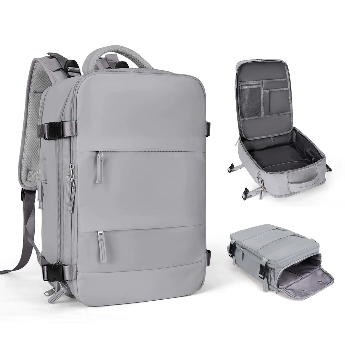 gray travel backpack personal item with wet dry pocket laptop sleeve usb charger and shoe sleeve