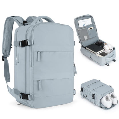 Grey Blue travel backpack personal item with wet dry pocket laptop sleeve usb charger and shoe sleeve