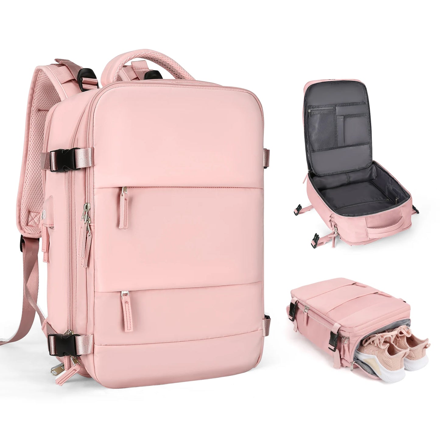  Dusty Pink pastel travel backpack personal item with wet dry pocket laptop sleeve usb charger and shoe sleeve