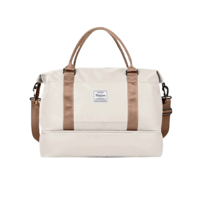 khaki overnight bag with separate shoe pocket personal item
